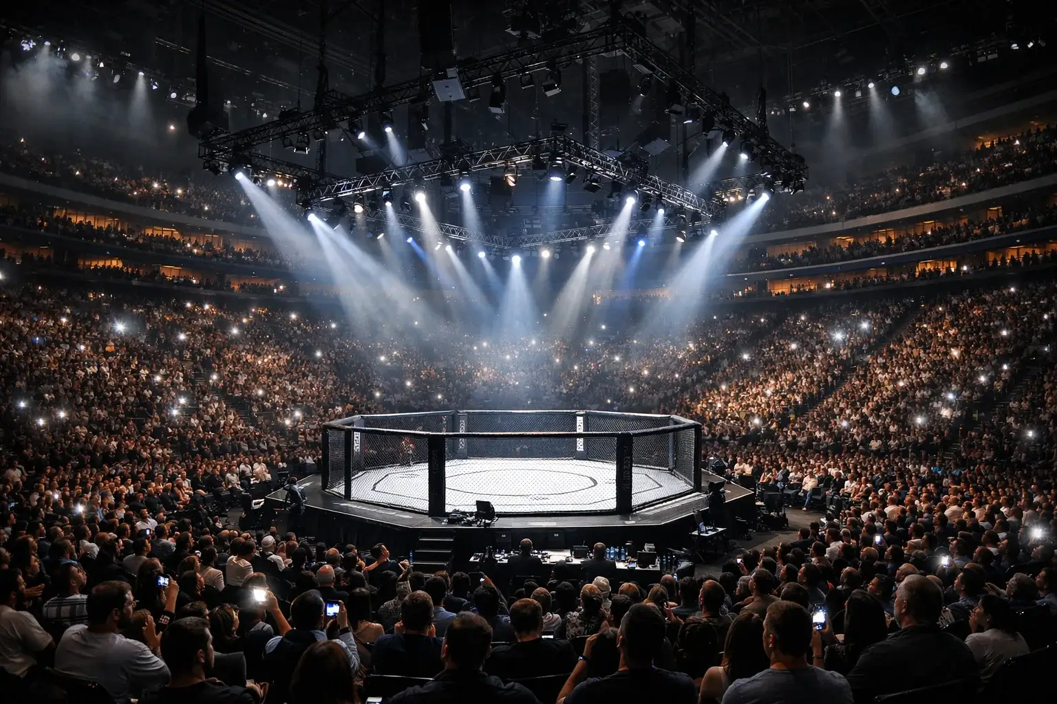 Vue d'une salle comble lors d'un événement UFC avec l'octogone illuminé