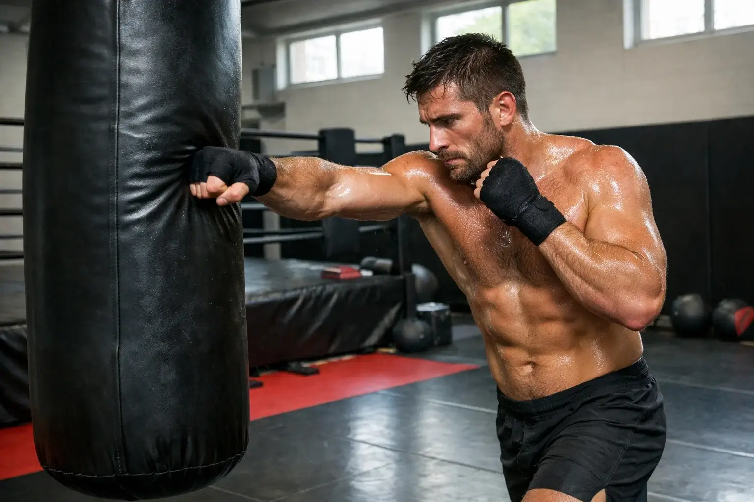 Combattant MMA à l'entraînement préparant sa technique de frappe