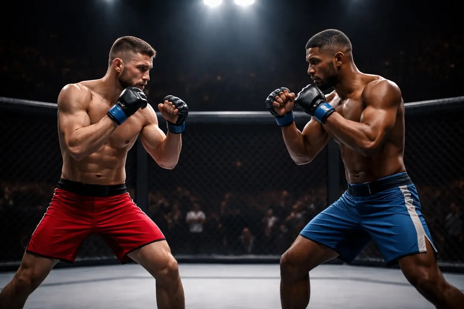 Deux combattants MMA dans l'octogone UFC sous les projecteurs