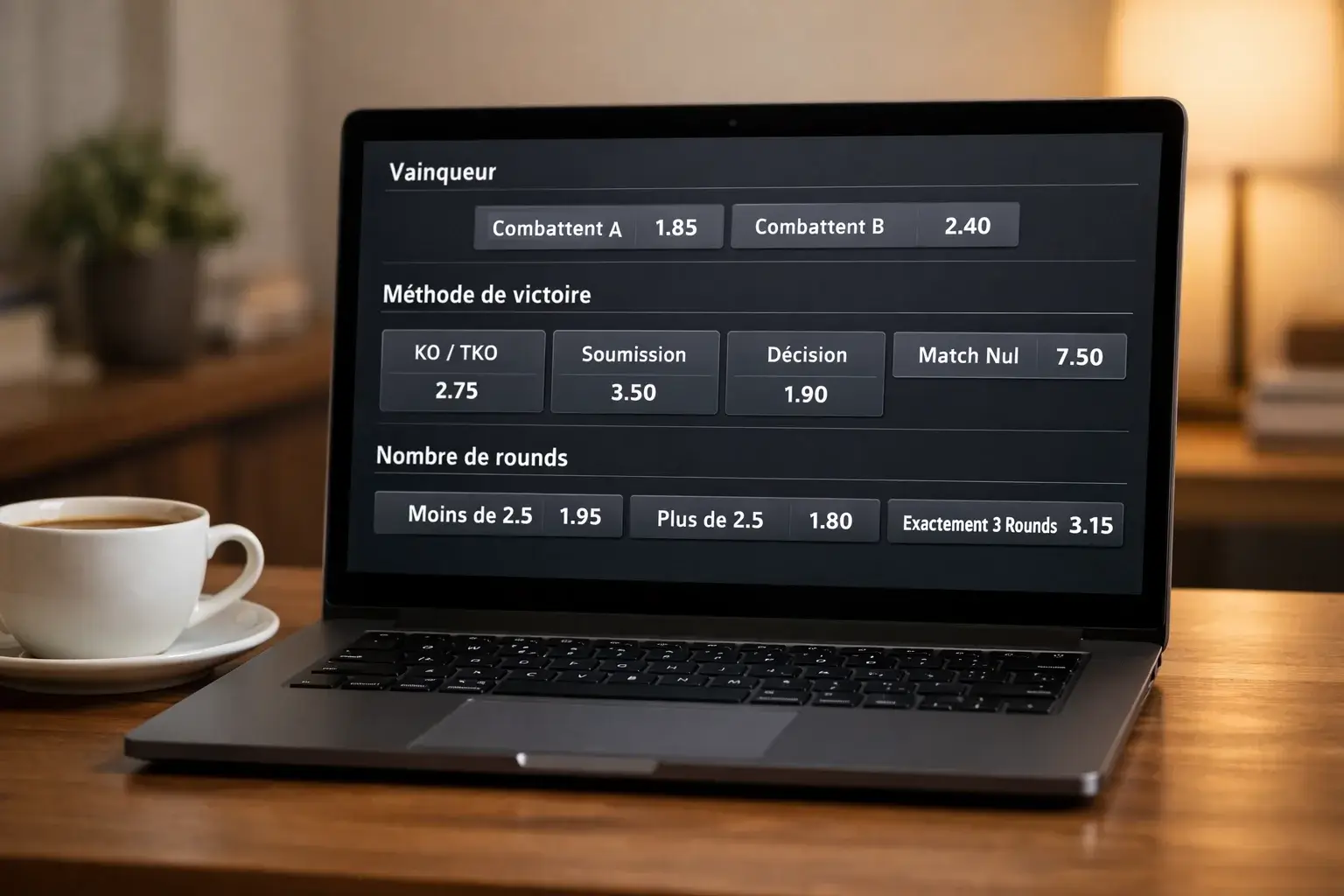 Écran montrant différents types de paris sur un combat UFC